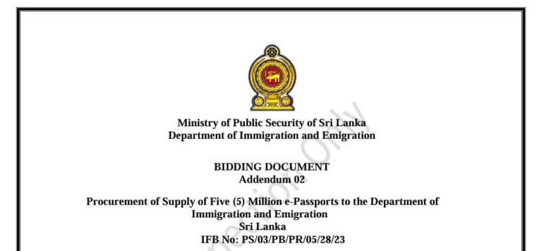 Procurement of Supply of Five (5) Million e-Passports to the Department of Immigration and Emigration Sri Lanka – Addendum 02