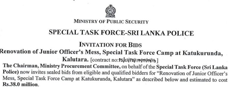 Procurement of Renovation of Mess, Special Task Force Camp at Katukururunda.